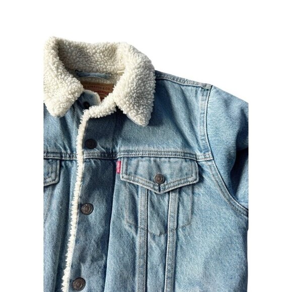 Levi's Women's Sz M Sherpa Lined Cropped Denim Trucker Jacket - Picture 10 of 13